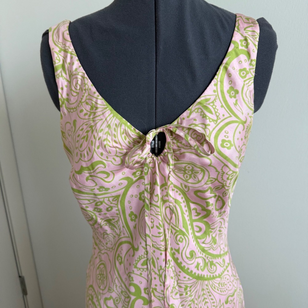 Vintage 90s Silk Print Keyhole Maxi Dress in Pink and Green Size 8